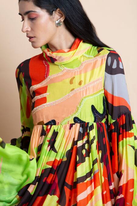 Saksham & Neharicka Multi Color Cotton Silk Cowl Printed Maxi Dress at Aza Fashions Saksham & Neharicka_Multi Color Cotton Silk Cowl Printed Maxi Dress _at_Aza_Fashions