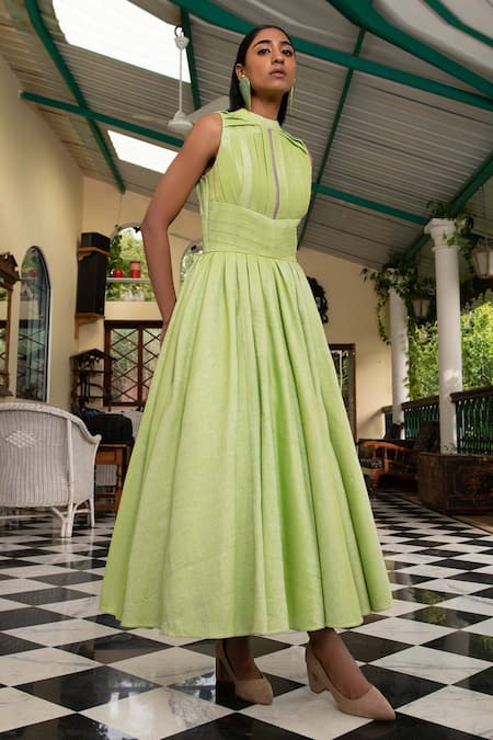 Saksham & Neharicka_Green Cotton Zari Cutdana And Bead, Sequin Round Pleated Dress _Online_at_Aza_Fashions