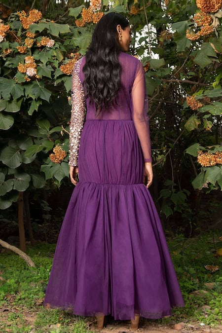 Shop Saksham & Neharicka Purple Net Sequin, Pearl And Stone Round Embroidered Cocktail Gown at Aza Fashions Shop_Saksham & Neharicka_Purple Net Sequin, Pearl And Stone Round Embroidered Cocktail Gown _at_Aza_Fashions