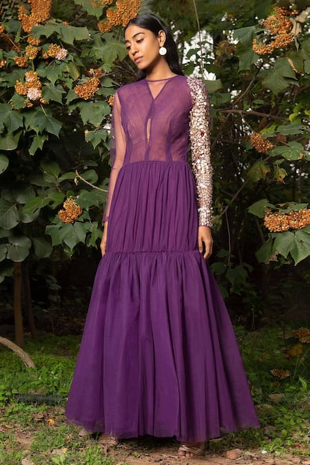 Saksham & Neharicka Purple Net Sequin, Pearl And Stone Round Embroidered Cocktail Gown Online at Aza Fashions Saksham & Neharicka_Purple Net Sequin, Pearl And Stone Round Embroidered Cocktail Gown _Online_at_Aza_Fashions