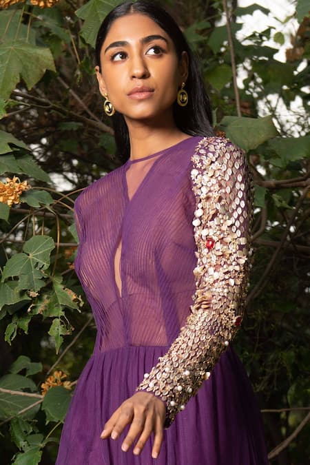 Shop Saksham & Neharicka Purple Net Sequin, Pearl And Stone Round Embroidered Cocktail Gown Online at Aza Fashions Shop_Saksham & Neharicka_Purple Net Sequin, Pearl And Stone Round Embroidered Cocktail Gown _Online_at_Aza_Fashions