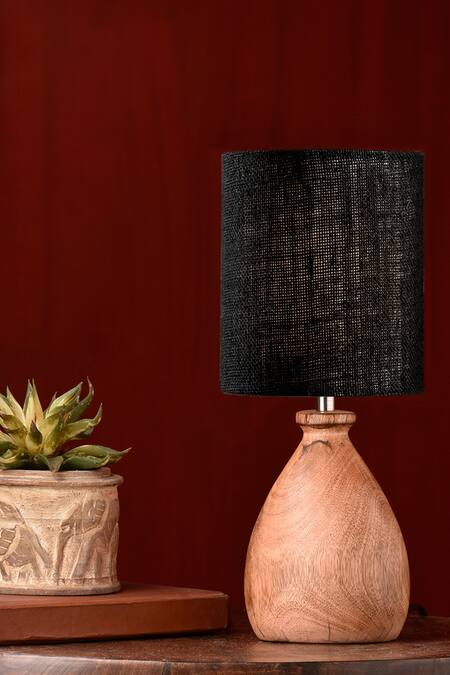 Green Girgit_Black Shade Jute And Base Wood & Iron Dome Table Lamp_Online_at_Aza_Fashions