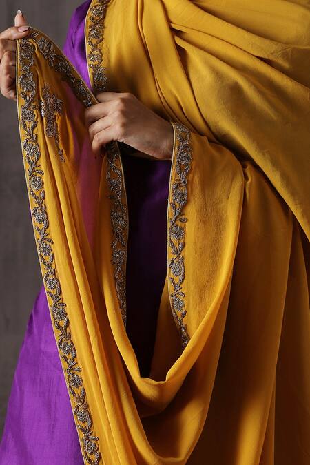 Weaver Story_Yellow Georgette Embroidery, Cut Work Floral Border Dupatta _Online_at_Aza_Fashions