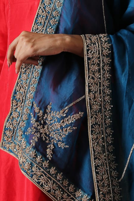 Weaver Story_Blue Organza Hand Embroidery Barfi Stitch Dupatta _Online_at_Aza_Fashions
