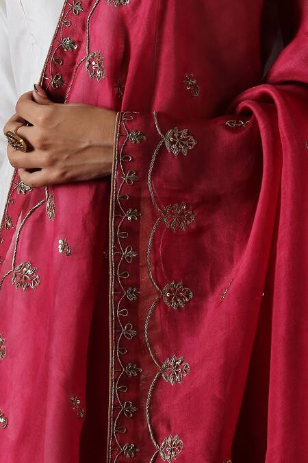 Weaver Story_Maroon Organza Embroidery Handloom Zardozi Border Dupatta _Online_at_Aza_Fashions