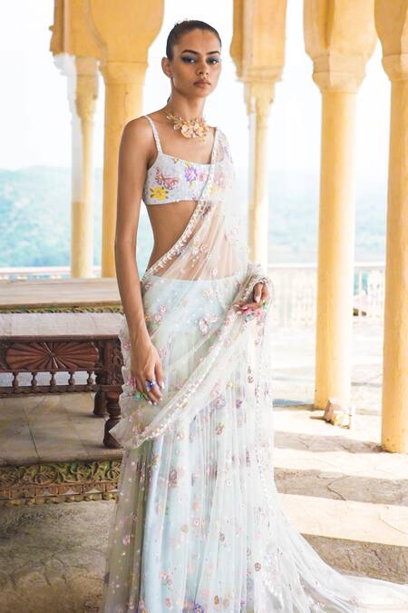 Buy_Lashkaraa_Blue Net, Satin Sequins, Embroidery Scoop Neck Floral Pre-draped Saree_Online_at_Aza_Fashions