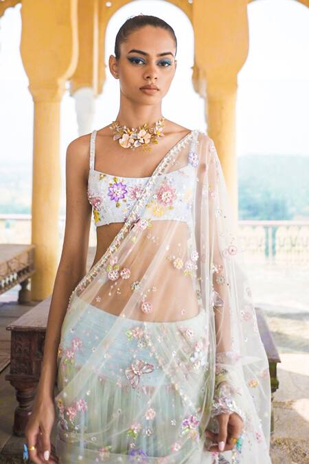 Lashkaraa_Blue Net, Satin Sequins, Embroidery Scoop Neck Floral Pre-draped Saree_Online_at_Aza_Fashions