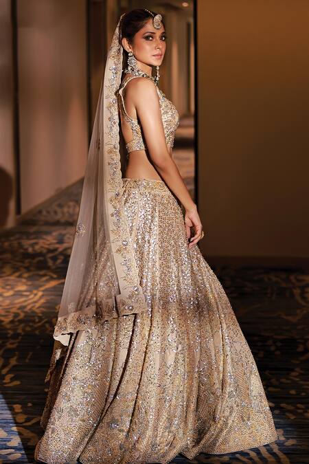 Buy_Miku Kumar_Ivory Silk, Net Sequins, Cut Work, Scattered Embellished Bridal Lehenga Set _Online_at_Aza_Fashions