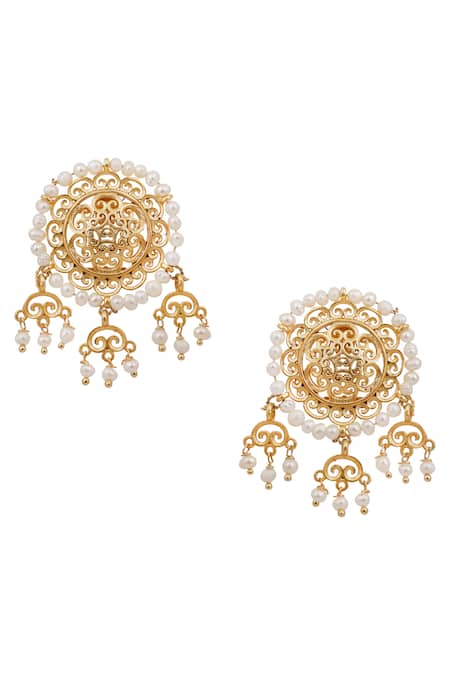 Shop Zariin Gold Plated Pearls, Cut Work Filigree Bead Studs at Aza Fashions Shop_Zariin_Gold Plated Pearls, Cut Work Filigree Bead Studs _at_Aza_Fashions