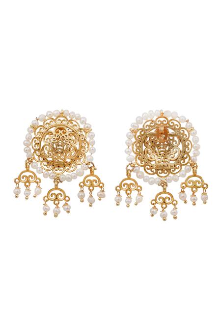 Zariin_Gold Plated Pearls, Cut Work Filigree Bead Studs _Online_at_Aza_Fashions