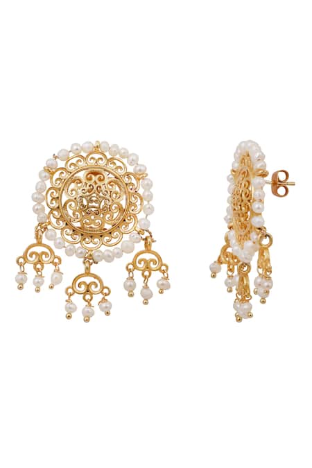 Buy_Zariin_Gold Plated Pearls, Cut Work Filigree Bead Studs _Online_at_Aza_Fashions