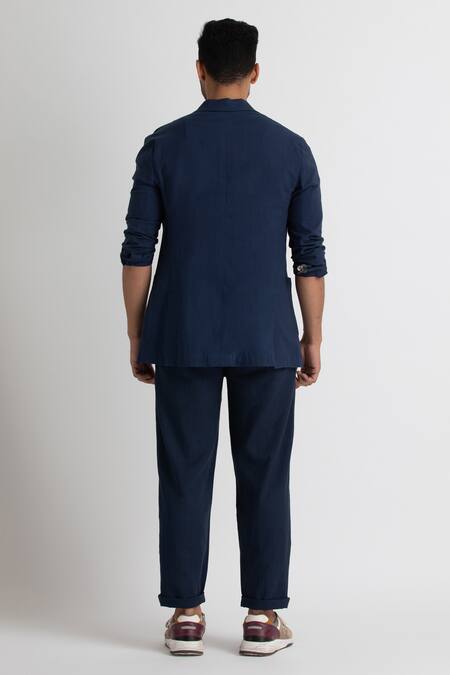 Shop Three Blue Cotton Blazer And Pant Set at Aza Fashions Shop_Three_Blue Cotton Blazer And Pant Set _at_Aza_Fashions