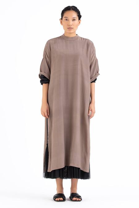 THREE Brown Silk Midi Dress