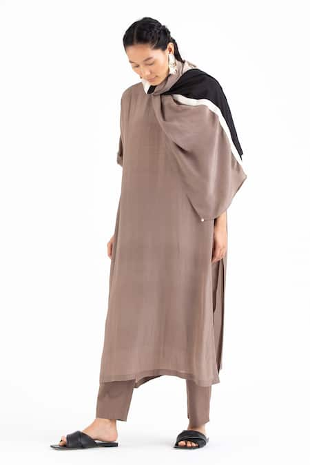 THREE Brown Kurta And Scarf Silk Crepe Pant 100% Cotton Poplin & Set 