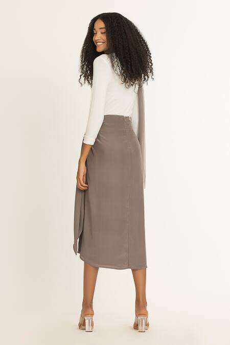 Shop Three Grey Crepe Twisted Knot Skirt at Aza Fashions Shop_Three_Grey Crepe Twisted Knot Skirt_at_Aza_Fashions