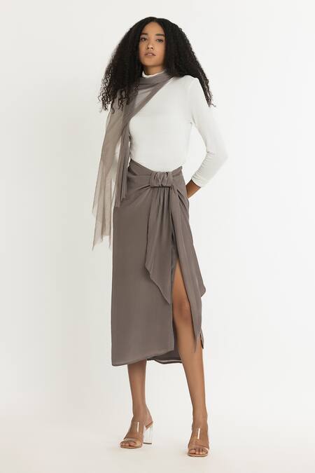 Three Grey Crepe Twisted Knot Skirt Online at Aza Fashions Three_Grey Crepe Twisted Knot Skirt_Online_at_Aza_Fashions