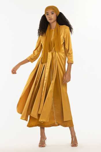 Buy Three Yellow Satin Lycra Open Front Knot Jacket at Aza Fashions Buy_Three_Yellow Satin Lycra Open Front Knot Jacket_at_Aza_Fashions