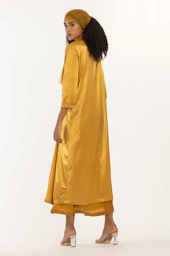 Shop Three Yellow Satin Lycra Open Front Knot Jacket at Aza Fashions Shop_Three_Yellow Satin Lycra Open Front Knot Jacket_at_Aza_Fashions