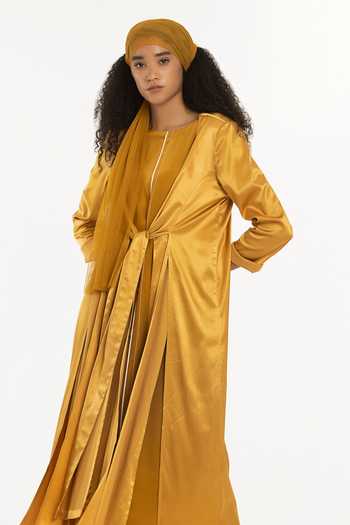 Buy Three Yellow Satin Lycra Open Front Knot Jacket Online at Aza Fashions Buy_Three_Yellow Satin Lycra Open Front Knot Jacket_Online_at_Aza_Fashions