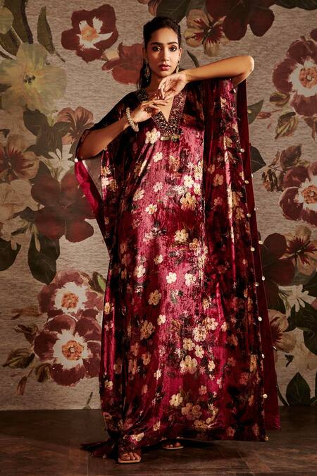 Prints By Radhika_Multi Color Velvet Printed Floral V Neck Kaftan _Online_at_Aza_Fashions
