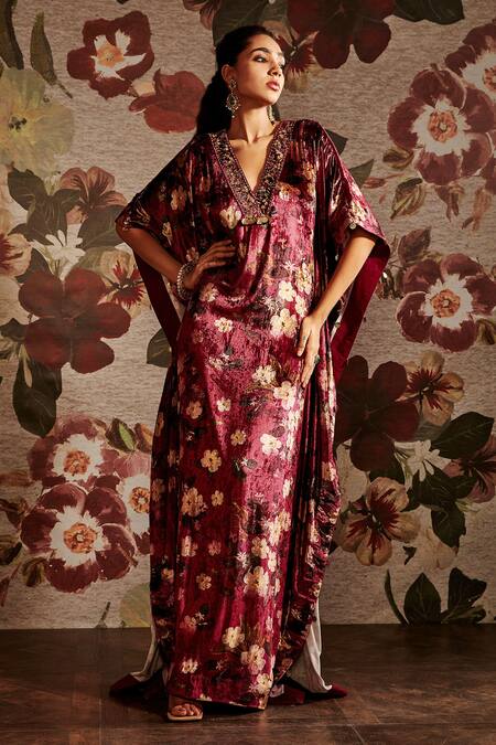 Buy_Prints By Radhika_Multi Color Velvet Printed Floral V Neck Kaftan _Online_at_Aza_Fashions