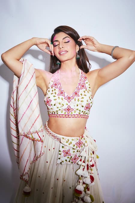 Punit Balana_White Cotton Halter Geometric Embroidered Lehenga Set _Online_at_Aza_Fashions