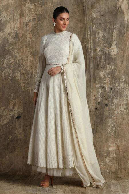 Shop House Of Kotwara White Anarkali Chanderi And Georgette Dupatta Net & Woven Peshwaz With at Aza Fashions Shop_House Of Kotwara_White Anarkali Chanderi And Georgette Dupatta Net & Woven Peshwaz With_at_Aza_Fashions