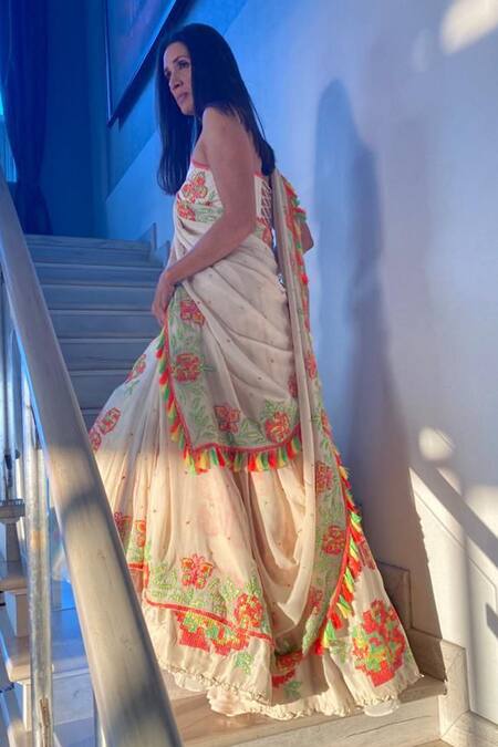 Surily G_White Dupion Silk Embroidered Panelled Lehenga_at_Aza_Fashions