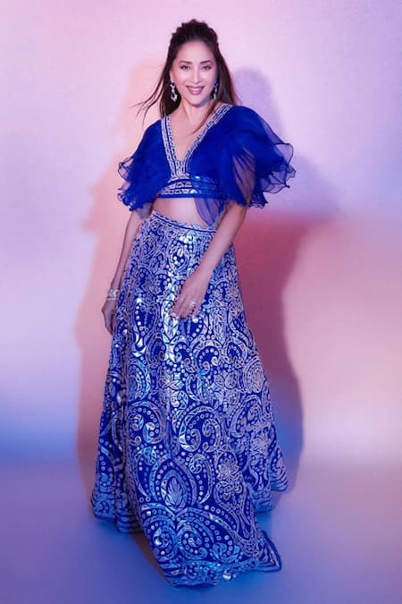 ASAL by Abu Sandeep Blue Viscose Georgette Embroidery V Neck Pleated Blouse And Lehenga Set 