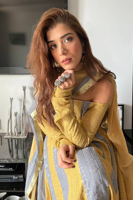 Ahi Clothing Yellow Kurta- Chikankari Georgette Palazzo- Cotton Silk And Anarkali Set Online at Aza Fashions Ahi Clothing_Yellow Kurta- Chikankari Georgette Palazzo- Cotton Silk And Anarkali Set _Online_at_Aza_Fashions