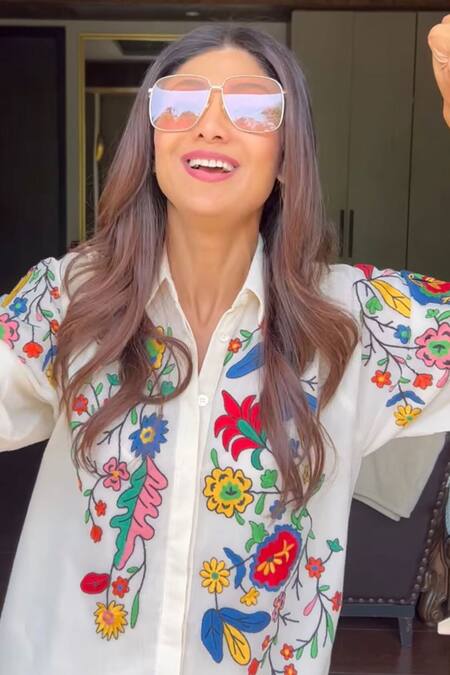 Nika 1.0 White 100% Cotton Floral Motifs Band Collar Thea Net Embroidered Dress Online at Aza Fashions Nika 1.0_White 100% Cotton Floral Motifs Band Collar Thea Net Embroidered Dress _Online_at_Aza_Fashions