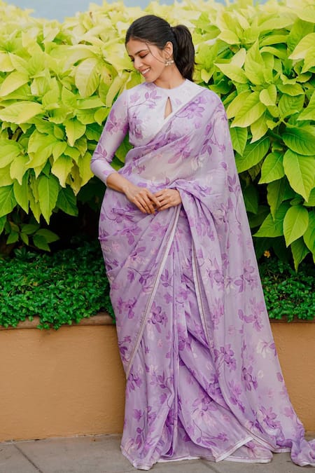 Shop_Dohr India_Purple Organza, Silk Cut Work Botanical Print Pre-draped Saree _at_Aza_Fashions