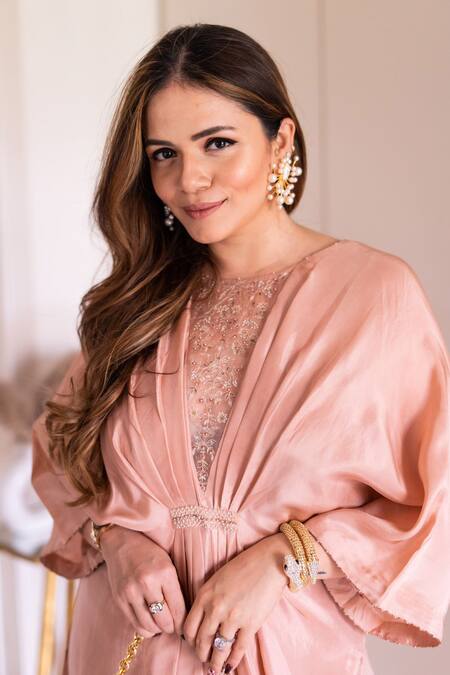 Shop_Chokhi Chorri_Peach Kurta Habutai , Pants Floral, Chand Kaftan And Set_Online_at_Aza_Fashions