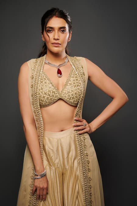 Reeti Arneja Ivory Georgette Embroidery Plunge , Open Muni Flower Top Sharara Set at Aza Fashions Reeti Arneja_Ivory Georgette Embroidery Plunge , Open Muni Flower Top Sharara Set _at_Aza_Fashions