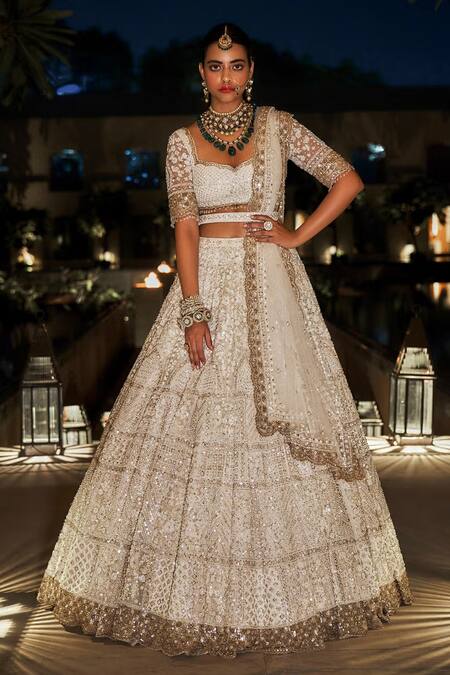 Shop Seema Gujral Cream Net Scallop Embellished Dupatta at Aza Fashions Shop_Seema Gujral_Cream Net Scallop Embellished Dupatta_at_Aza_Fashions