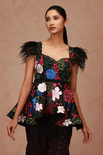 Shriya Som Black Silk, Tulle, Chiffon Embroidery, Floral Garden Top And Pleated Pant Set Online at Aza Fashions Shriya Som_Black Silk, Tulle, Chiffon Embroidery, Floral Garden Top And Pleated Pant Set _Online_at_Aza_Fashions