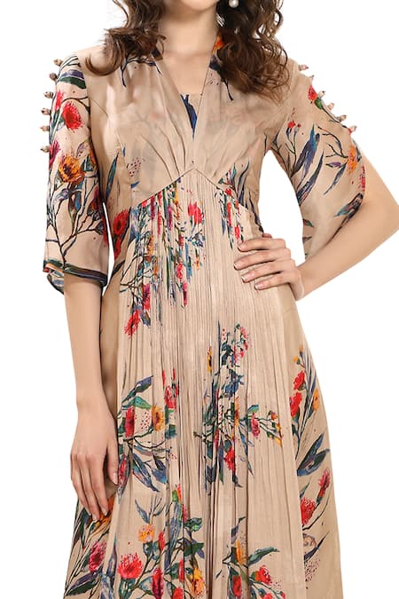 Shop Whimsical By Shica Beige Chiffon, Silk Organza Watercolour Print V Neck Floral Pleated Dress at Aza Fashions Shop_Whimsical By Shica_Beige Chiffon, Silk Organza Watercolour Print V Neck Floral Pleated Dress _at_Aza_Fashions