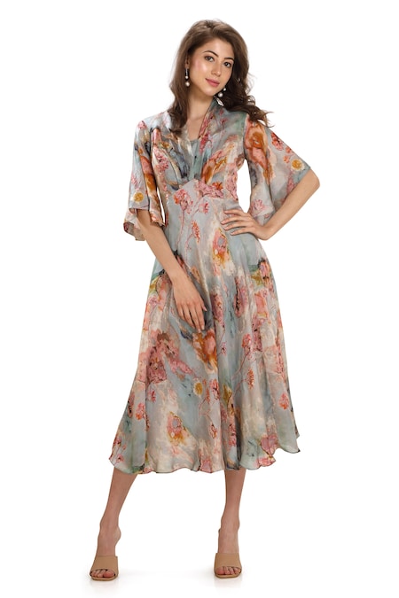 Whimsical By Shica Blue Silk Organza Printed Watercolour V Neck Floral Dress 