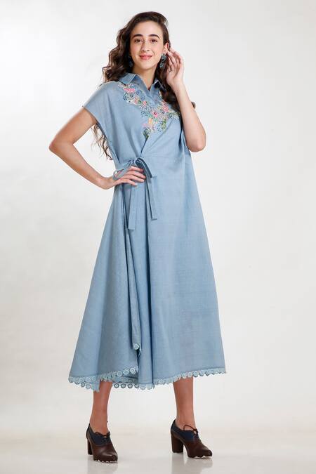 Whimsical By Shica Blue Cotton Poplin Spread Collar Hand Embroidered Dress Online at Aza Fashions Whimsical By Shica_Blue Cotton Poplin Spread Collar Hand Embroidered Dress _Online_at_Aza_Fashions