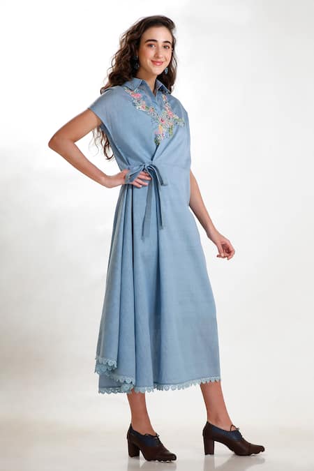 Shop Whimsical By Shica Blue Cotton Poplin Spread Collar Hand Embroidered Dress at Aza Fashions Shop_Whimsical By Shica_Blue Cotton Poplin Spread Collar Hand Embroidered Dress _at_Aza_Fashions