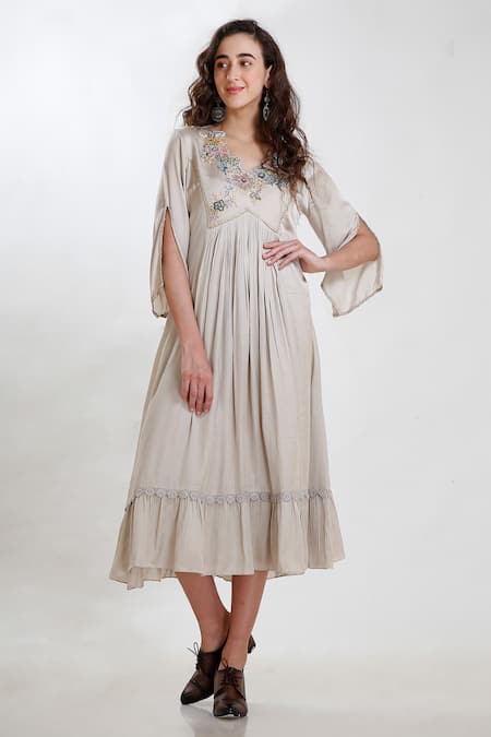 Whimsical By Shica Pink Cotton Satin Floral V Neck Hand Embroidered Dress Online at Aza Fashions Whimsical By Shica_Pink Cotton Satin Floral V Neck Hand Embroidered Dress _Online_at_Aza_Fashions