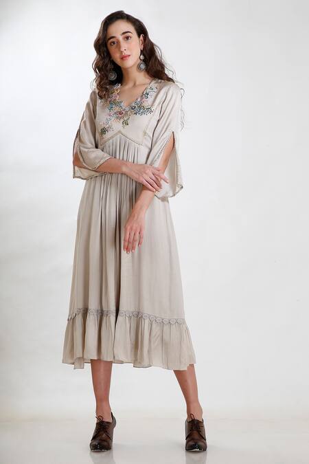 Shop Whimsical By Shica Pink Cotton Satin Floral V Neck Hand Embroidered Dress at Aza Fashions Shop_Whimsical By Shica_Pink Cotton Satin Floral V Neck Hand Embroidered Dress _at_Aza_Fashions