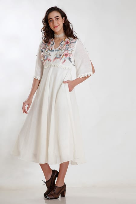 Buy Whimsical By Shica White Linen V Neck Hand Embroidered Dress Online at Aza Fashions Buy_Whimsical By Shica_White Linen V Neck Hand Embroidered Dress _Online_at_Aza_Fashions