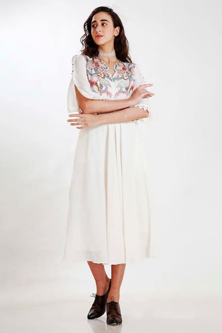 Shop Whimsical By Shica White Linen V Neck Hand Embroidered Dress at Aza Fashions Shop_Whimsical By Shica_White Linen V Neck Hand Embroidered Dress _at_Aza_Fashions