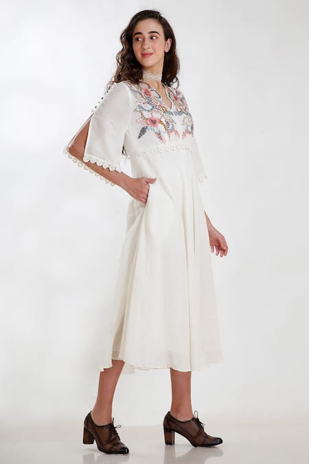 Whimsical By Shica White Linen V Neck Hand Embroidered Dress Online at Aza Fashions Whimsical By Shica_White Linen V Neck Hand Embroidered Dress _Online_at_Aza_Fashions