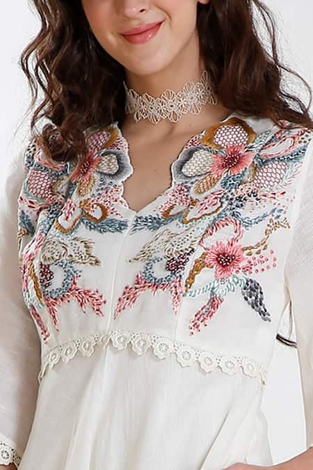 Shop Whimsical By Shica White Linen V Neck Hand Embroidered Dress Online at Aza Fashions Shop_Whimsical By Shica_White Linen V Neck Hand Embroidered Dress _Online_at_Aza_Fashions