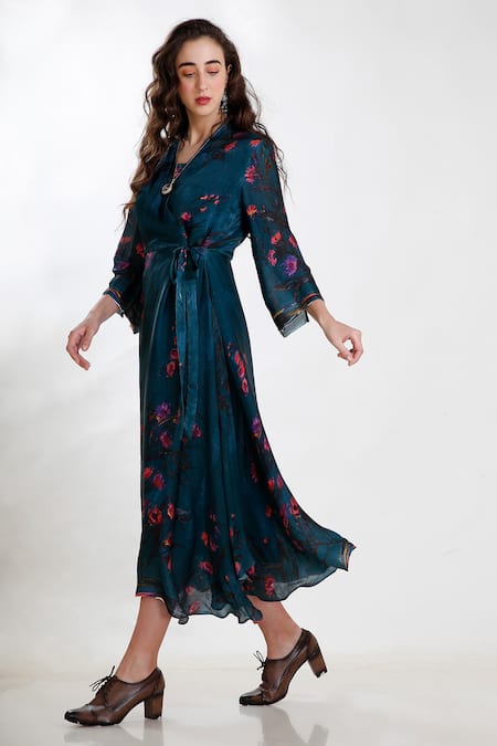 Shop Whimsical By Shica Green Crinkle Silk Chiffon V Neck Printed Draped Dress at Aza Fashions Shop_Whimsical By Shica_Green Crinkle Silk Chiffon V Neck Printed Draped Dress _at_Aza_Fashions