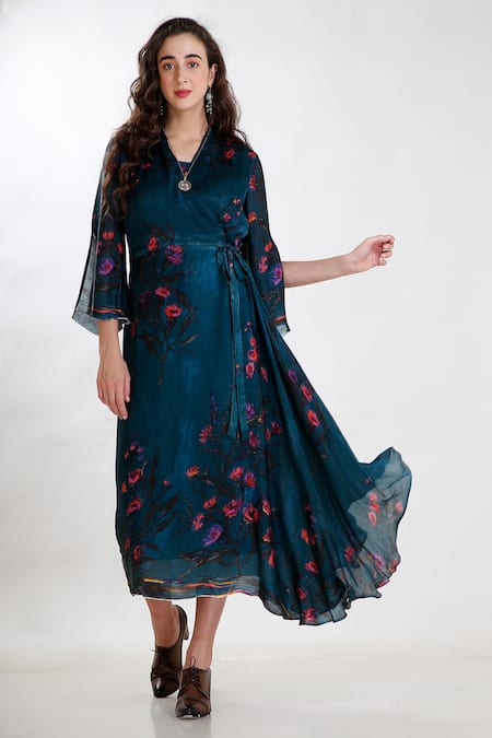 Whimsical By Shica Green Crinkle Silk Chiffon V Neck Printed Draped Dress 