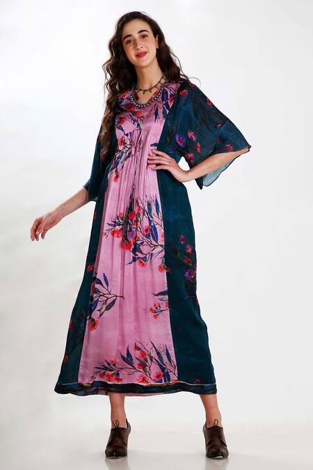 Whimsical By Shica_Green Crinkle Silk Chiffon V Neck Printed Maxi Dress _Online_at_Aza_Fashions