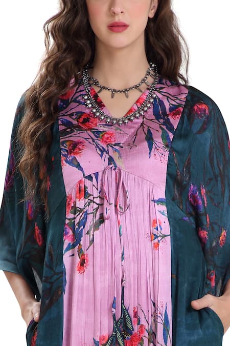 Buy_Whimsical By Shica_Green Crinkle Silk Chiffon V Neck Printed Maxi Dress _Online_at_Aza_Fashions